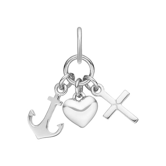 A sterling silver multi-charm pendant featuring an anchor, a heart, and a cross, suspended from a circular ring on a plain white background.
